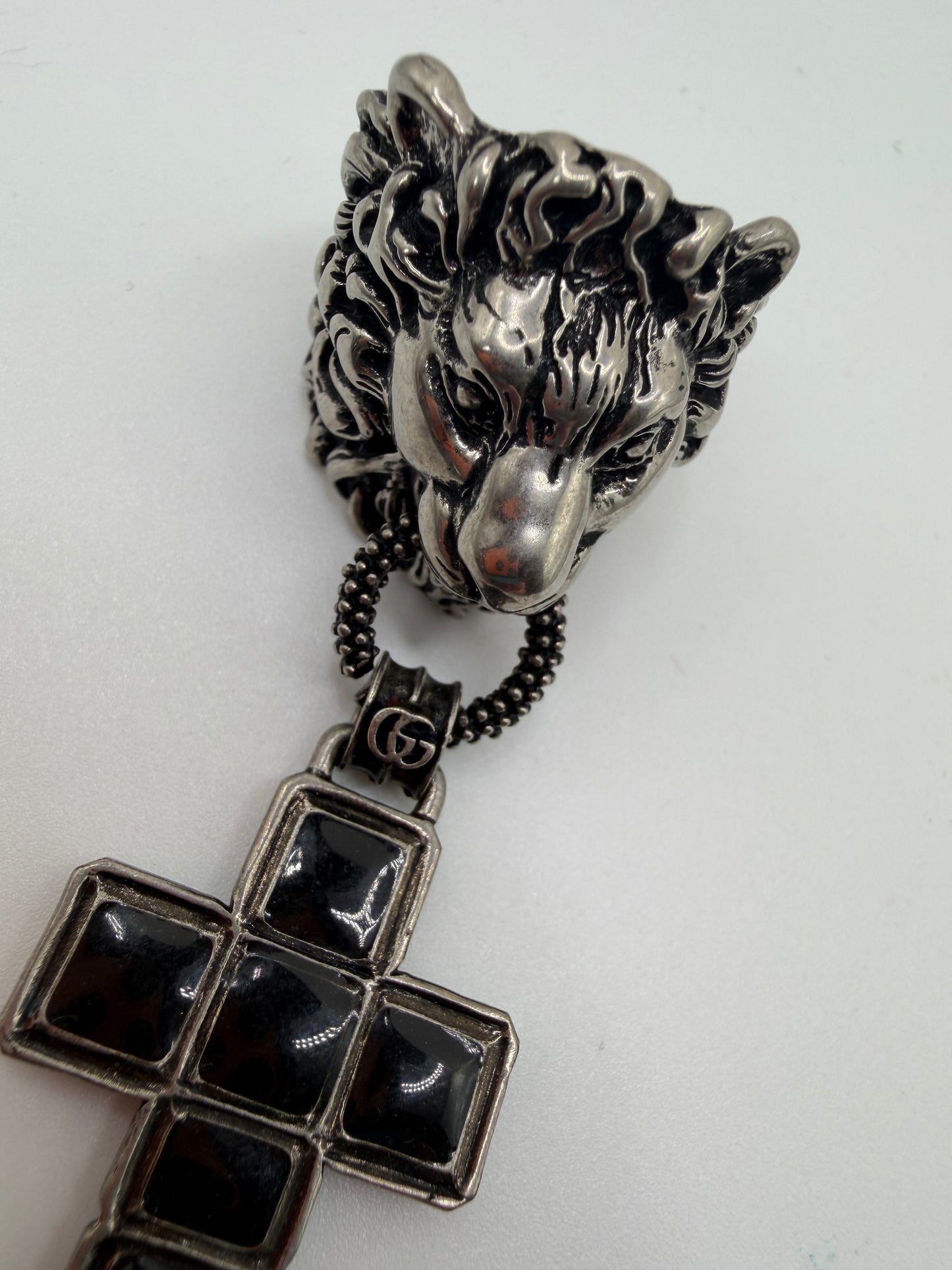Rare Gucci Silver Lion Ring with Dangling Cross Charm