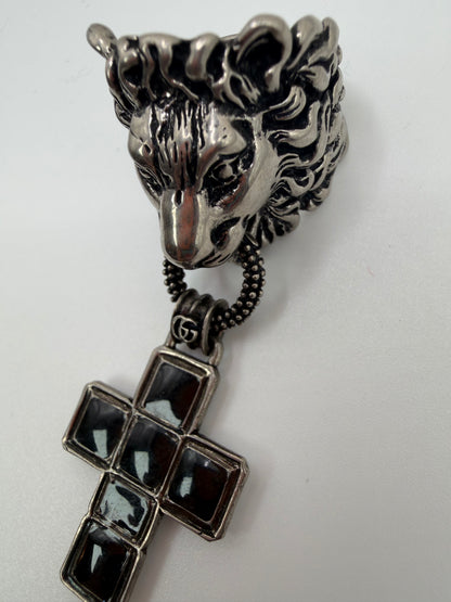 Rare Gucci Silver Lion Ring with Dangling Cross Charm