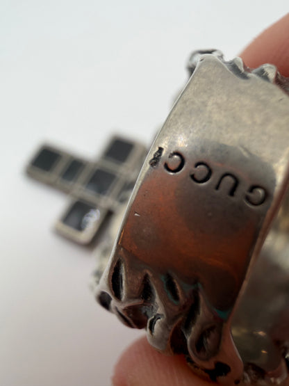 Rare Gucci Silver Lion Ring with Dangling Cross Charm