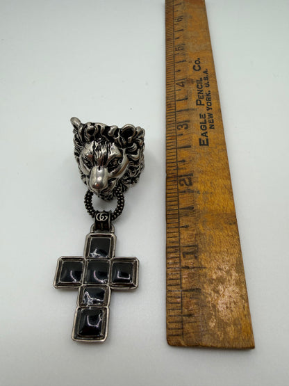 Rare Gucci Silver Lion Ring with Dangling Cross Charm