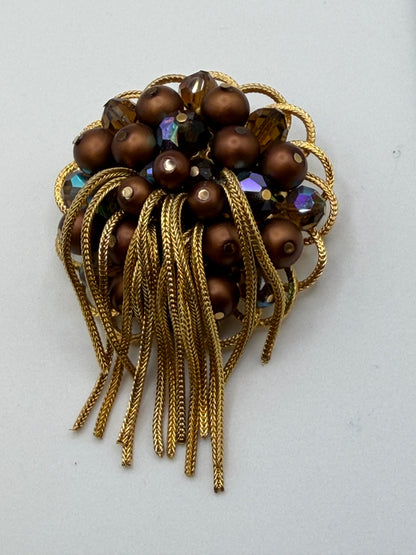 Vintage Kramer Metallic Crystal Chunky Fringe Brooch