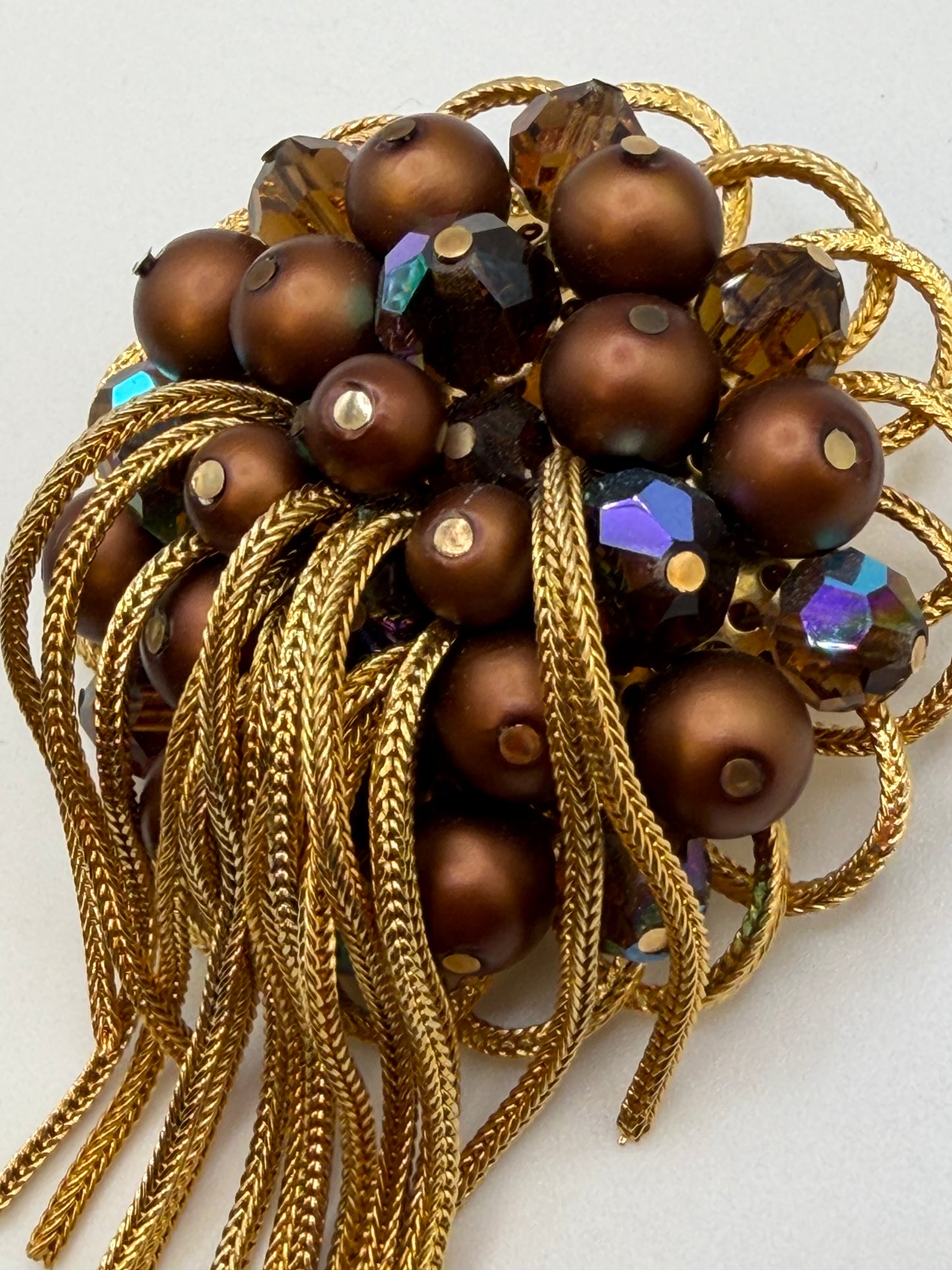 Vintage Kramer Metallic Crystal Chunky Fringe Brooch