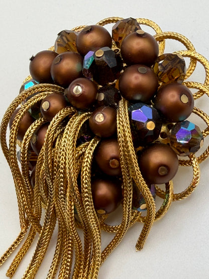 Vintage Kramer Metallic Crystal Chunky Fringe Brooch