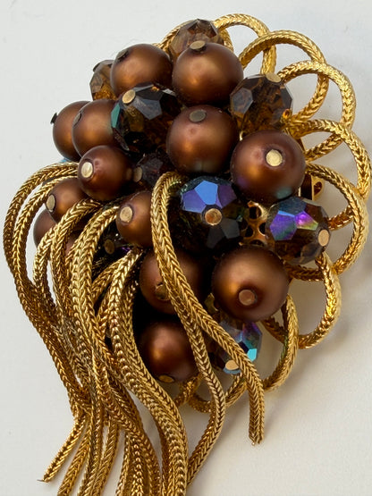 Vintage Kramer Metallic Crystal Chunky Fringe Brooch