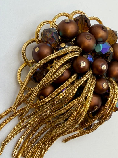 Vintage Kramer Metallic Crystal Chunky Fringe Brooch