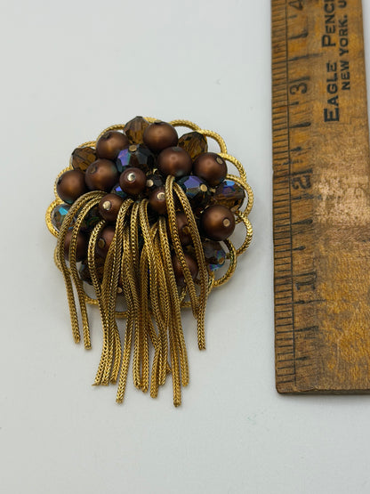Vintage Kramer Metallic Crystal Chunky Fringe Brooch