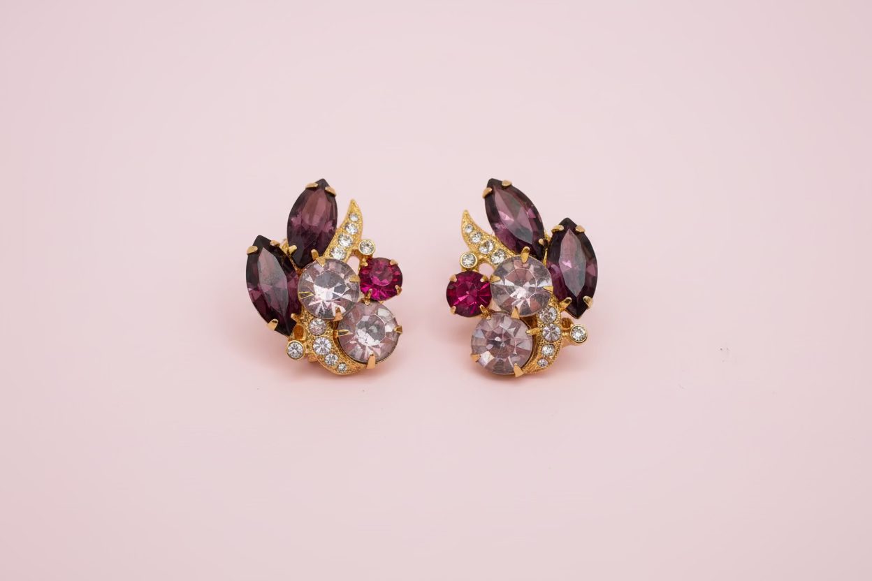 Vintage Eisenberg Ice Pink & Lilac Rhinestone Retro Clip On Earrings