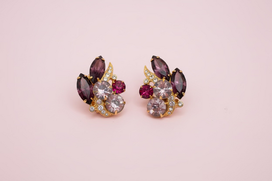 Vintage Eisenberg Ice Pink & Lilac Rhinestone Retro Clip On Earrings