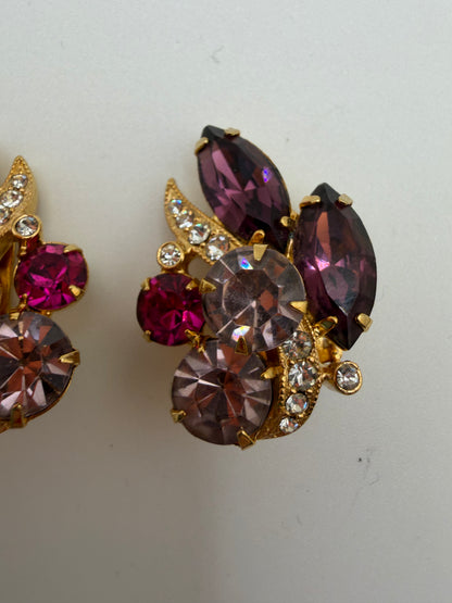 Vintage Eisenberg Ice Pink & Lilac Rhinestone Retro Clip On Earrings