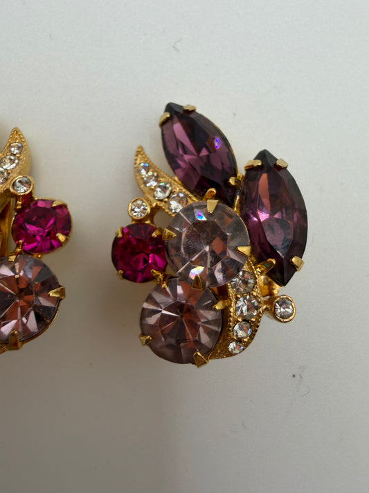 Vintage Eisenberg Ice Pink & Lilac Rhinestone Retro Clip On Earrings