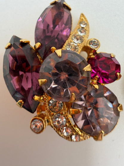 Vintage Eisenberg Ice Pink & Lilac Rhinestone Retro Clip On Earrings