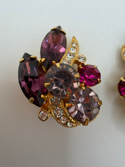 Vintage Eisenberg Ice Pink & Lilac Rhinestone Retro Clip On Earrings