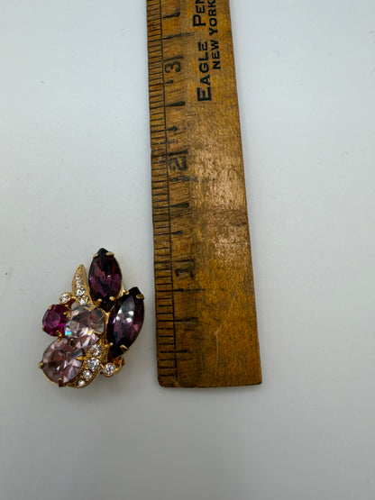 Vintage Eisenberg Ice Pink & Lilac Rhinestone Retro Clip On Earrings