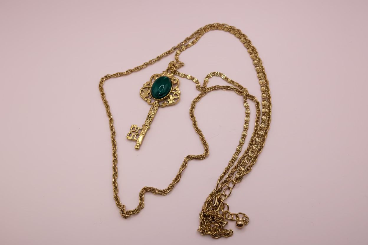 Vintage Kenneth Jay Lane Green Rococo Double Strand Key Necklace