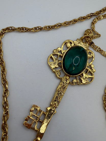 Vintage Kenneth Jay Lane Green Rococo Double Strand Key Necklace