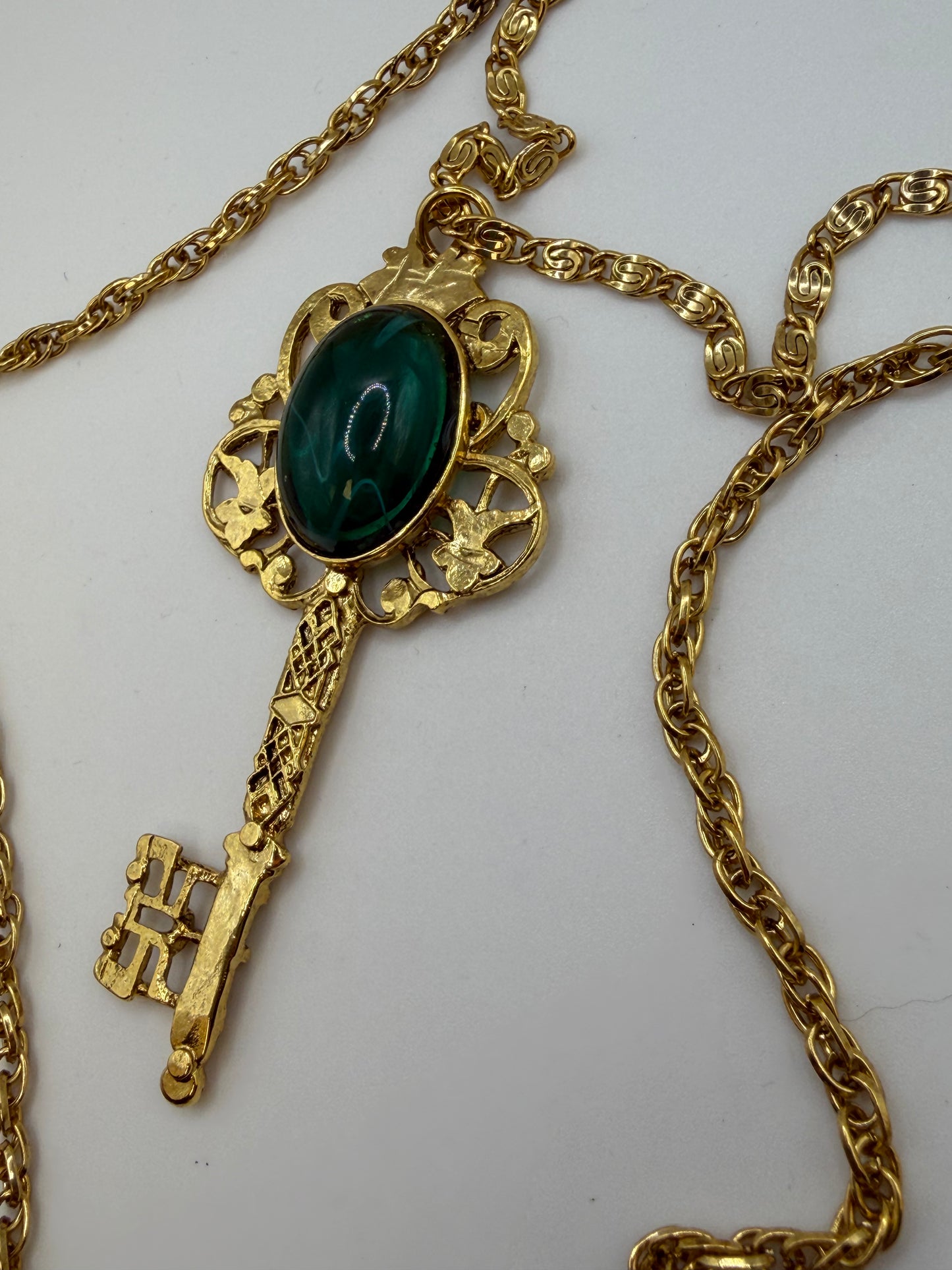 Vintage Kenneth Jay Lane Green Rococo Double Strand Key Necklace