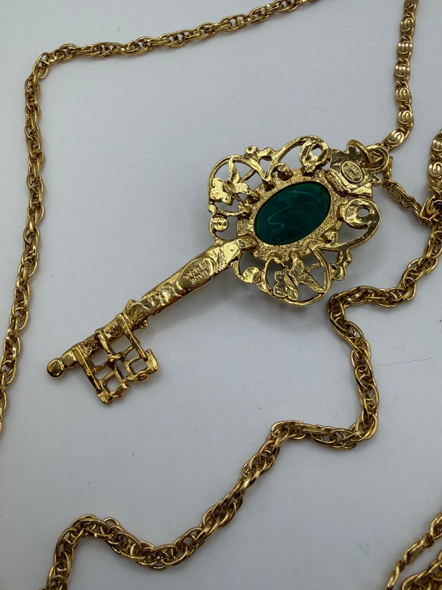 Vintage Kenneth Jay Lane Green Rococo Double Strand Key Necklace