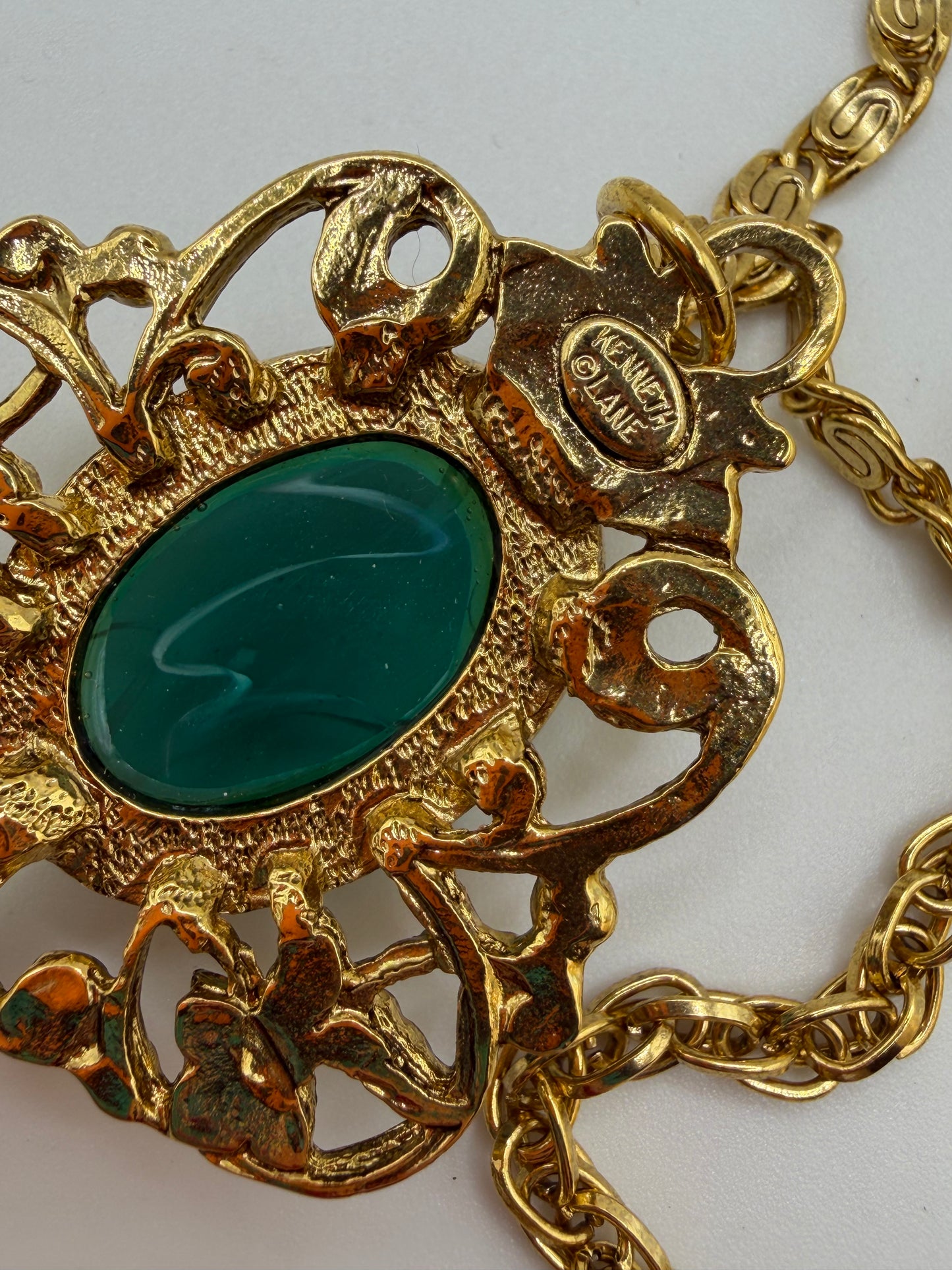 Vintage Kenneth Jay Lane Green Rococo Double Strand Key Necklace