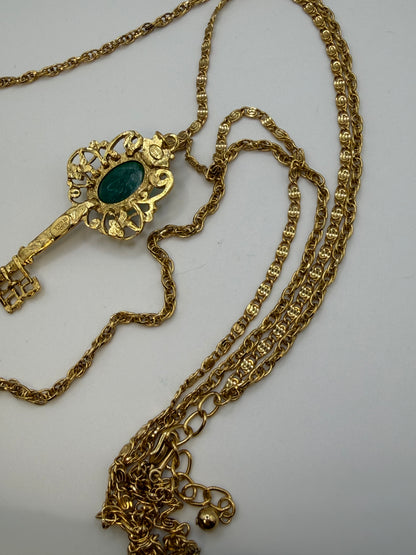 Vintage Kenneth Jay Lane Green Rococo Double Strand Key Necklace