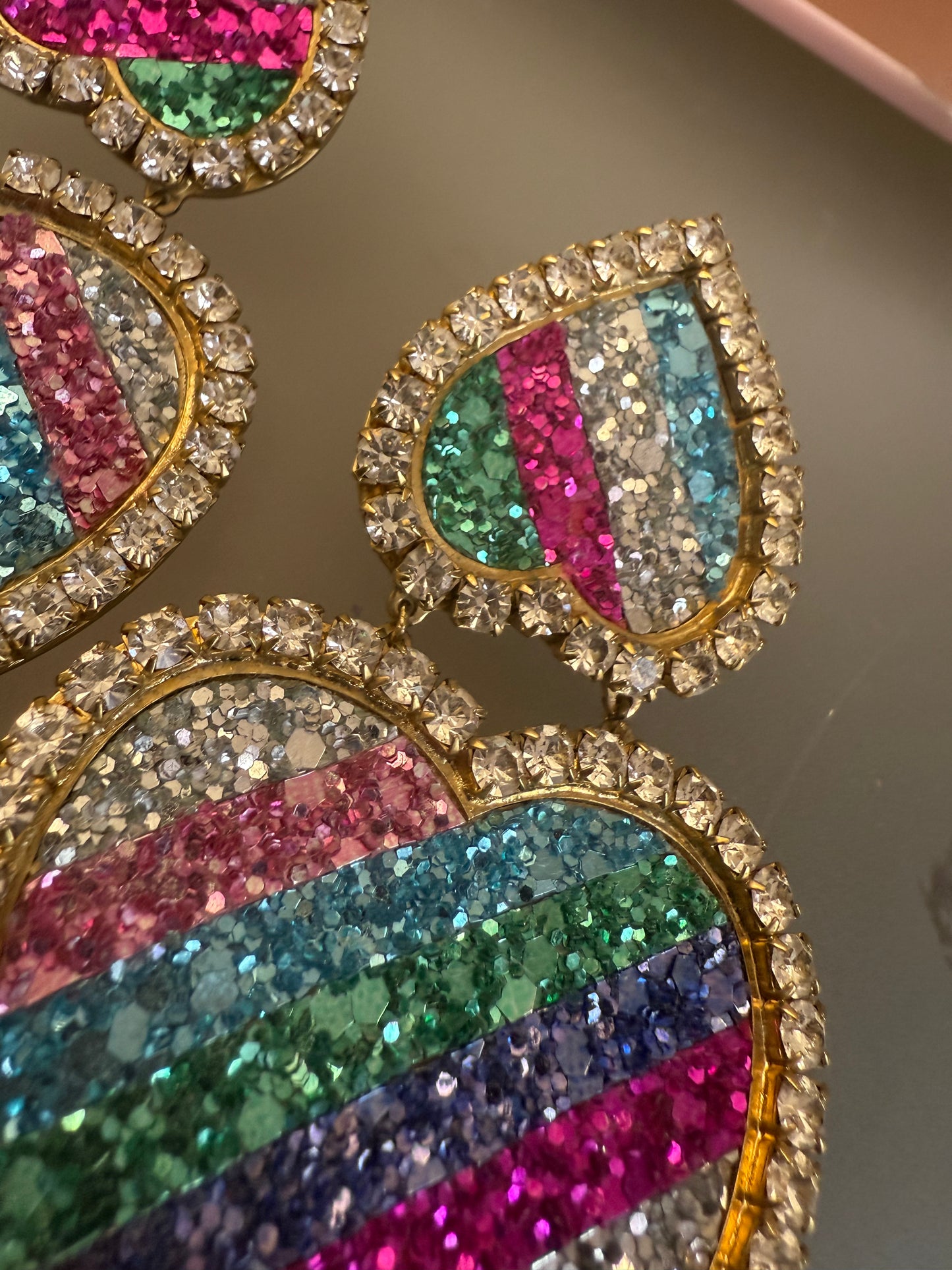 Massive Shourouk Rainbow Crystal Ombre Heart Earrings