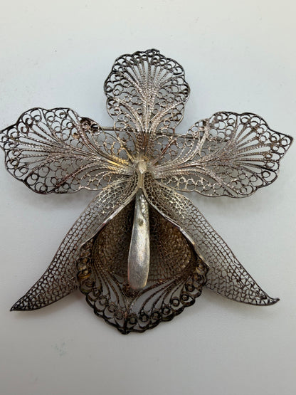 Antique Large Sterling Silver Filigree Orchid Flower Brooch