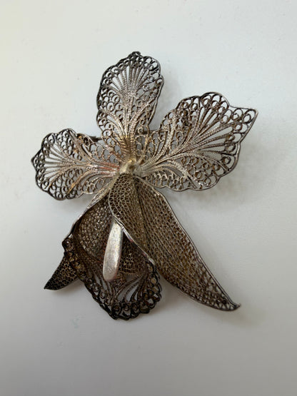 Antique Large Sterling Silver Filigree Orchid Flower Brooch