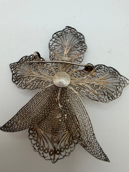 Antique Large Sterling Silver Filigree Orchid Flower Brooch