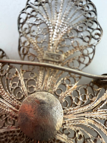 Antique Large Sterling Silver Filigree Orchid Flower Brooch