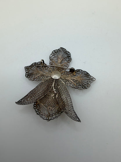 Antique Large Sterling Silver Filigree Orchid Flower Brooch
