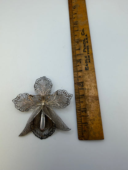 Antique Large Sterling Silver Filigree Orchid Flower Brooch