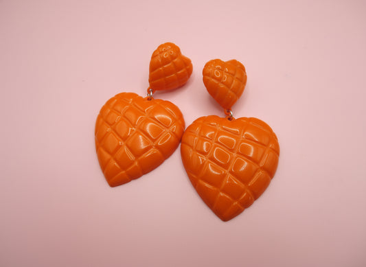 Vintage Tangerine Quilted Heart Clip On Earrings