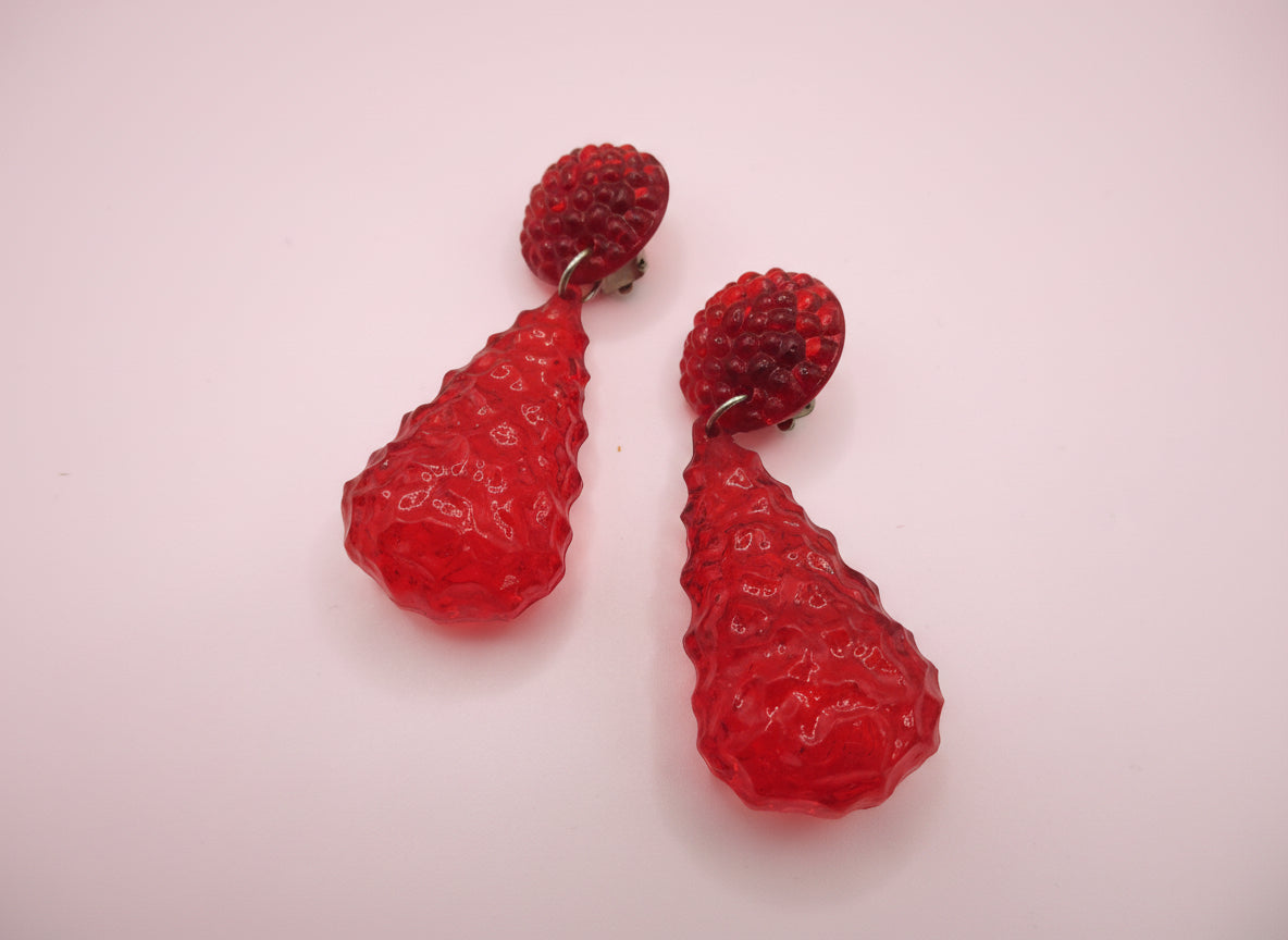 Vintage Cherry Gummy Lucite Drop Clip On Earrings