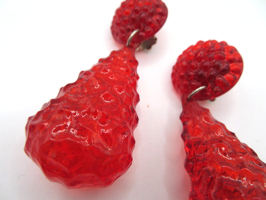 Vintage Cherry Gummy Lucite Drop Clip On Earrings