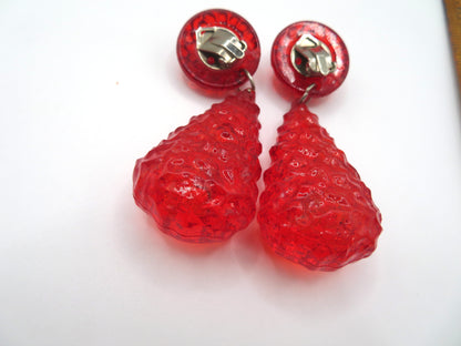 Vintage Cherry Gummy Lucite Drop Clip On Earrings