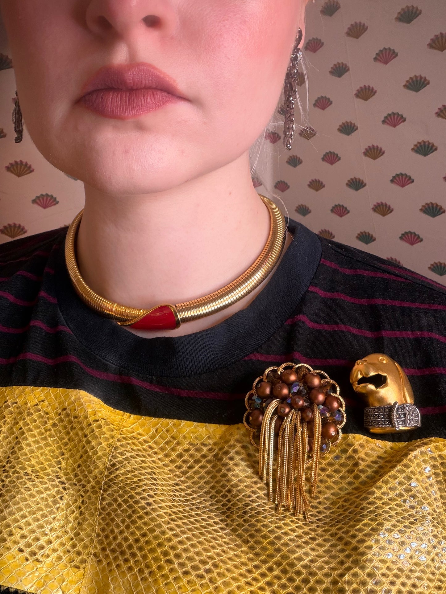 Vintage Kramer Metallic Crystal Chunky Fringe Brooch