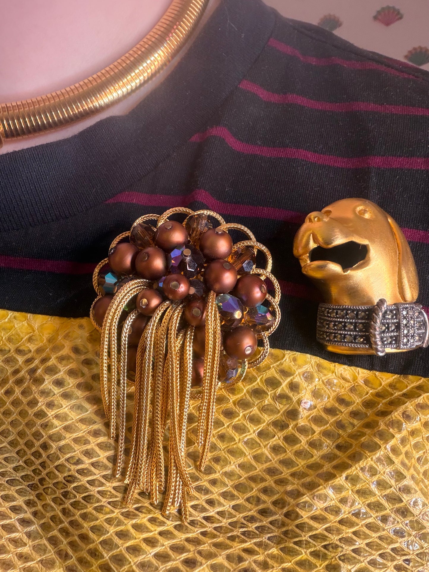 Vintage Kramer Metallic Crystal Chunky Fringe Brooch