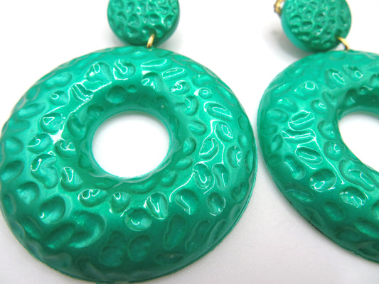 Vintage Metallic Kelly Green Hoop Clip On Earrings