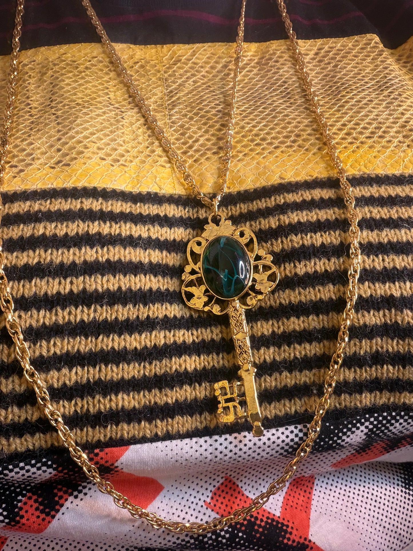 Vintage Kenneth Jay Lane Green Rococo Double Strand Key Necklace