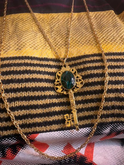 Vintage Kenneth Jay Lane Green Rococo Double Strand Key Necklace
