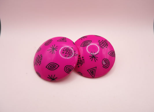 Vintage Chunky Fuchsia Atomic Button Clip On Earrings