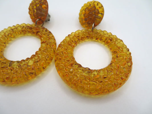 Vintage Golden Banana Gummy Lucite Hoop Clip On Earrings