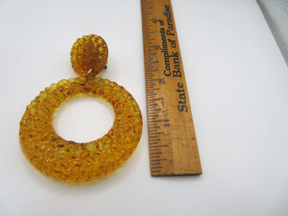 Vintage Golden Banana Gummy Lucite Hoop Clip On Earrings