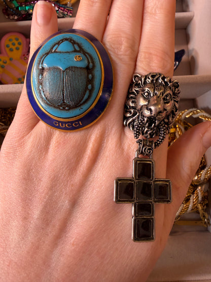 Rare Gucci Silver Lion Ring with Dangling Cross Charm