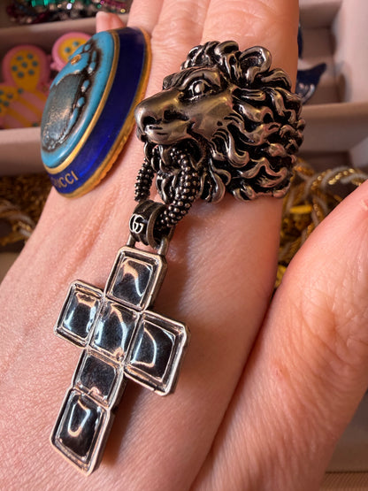 Rare Gucci Silver Lion Ring with Dangling Cross Charm