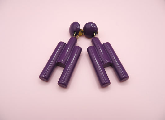 Vintage Huge Cubist Purple Column Clip On Earrings