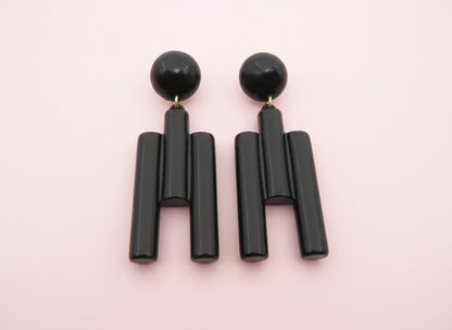 Vintage Huge Cubist Charcoal Column Clip On Earrings