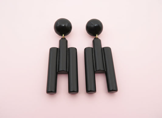 Vintage Huge Cubist Charcoal Column Clip On Earrings