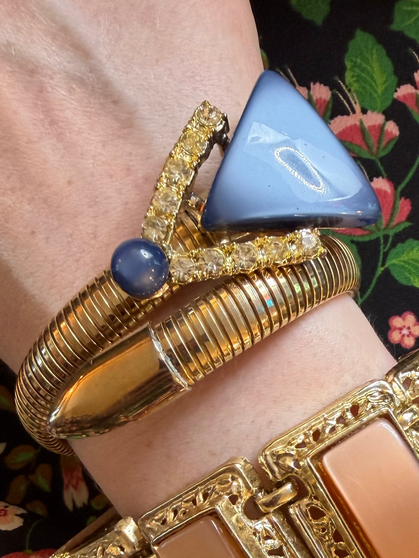 Vintage Coiled Gold Wrap Snake Bracelet with Blue Moonglow Arrow