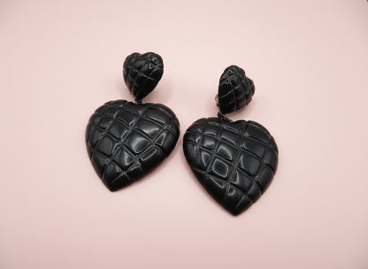Vintage Raven Black Quilted Heart Clip On Earrings