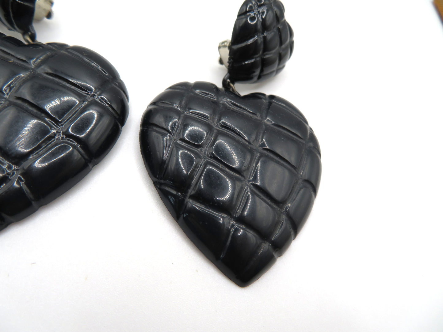Vintage Raven Black Quilted Heart Clip On Earrings